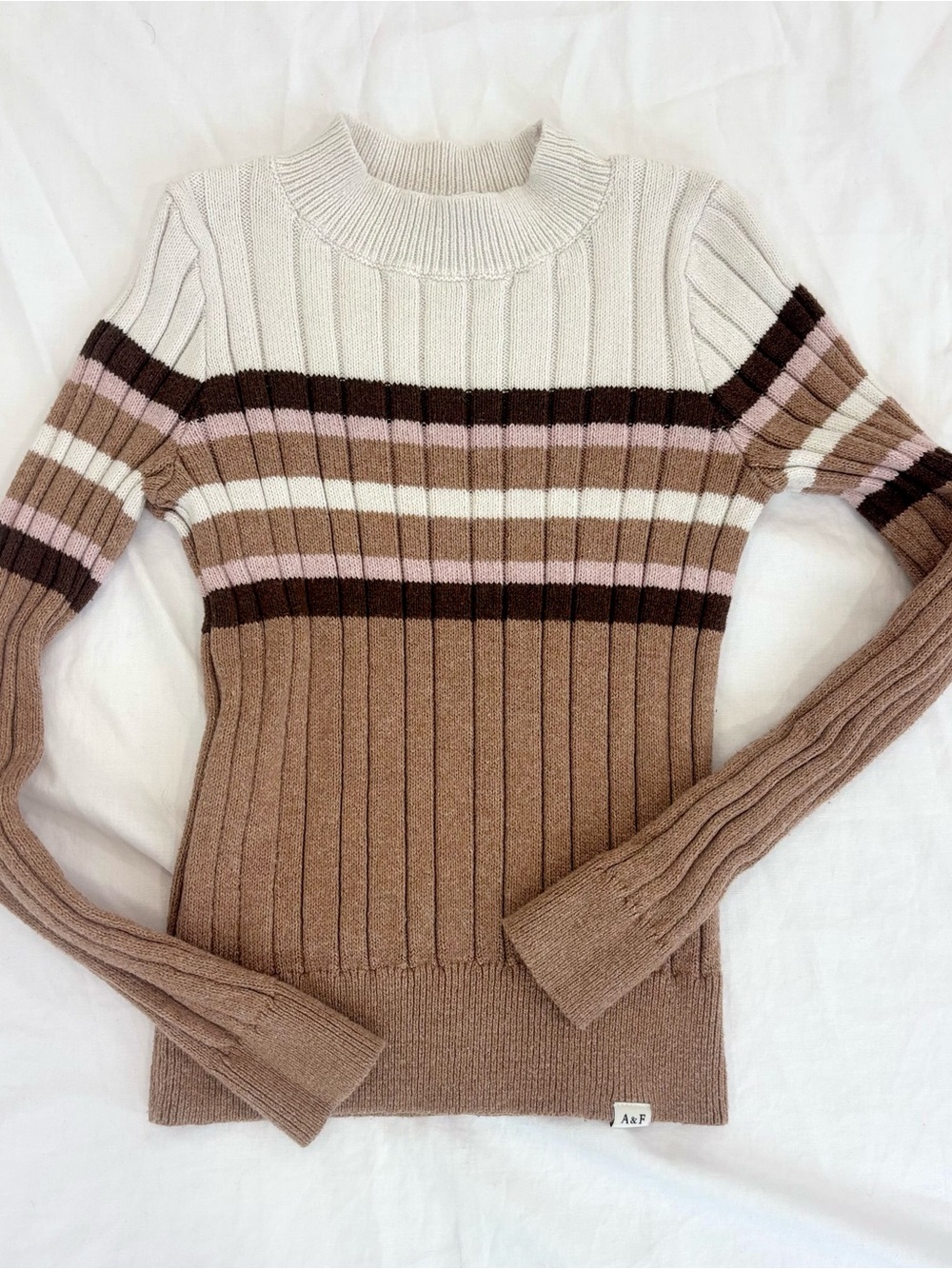 Abercrombie & Fitch Ribbed Crewneck Sweater Kids 7/8 Cream, Brown and Pink